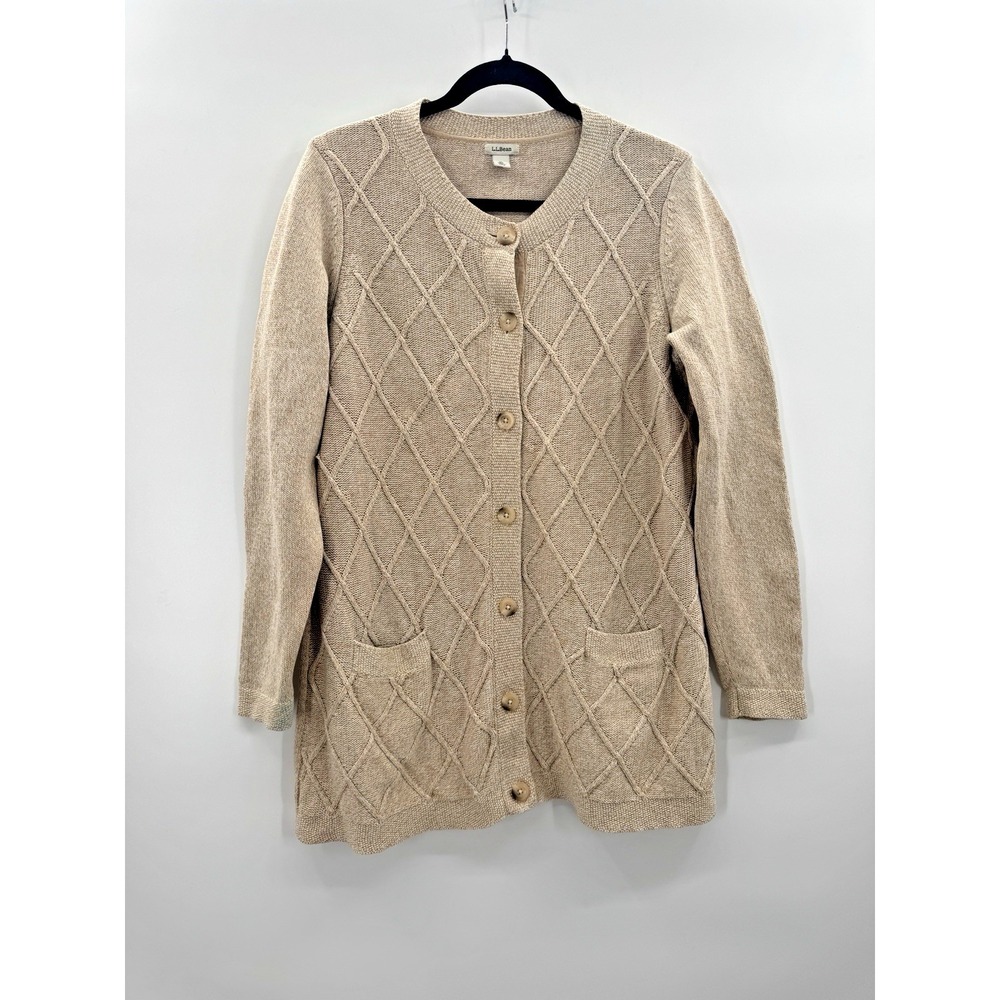 VTG LL Bean XL Cardigan Button Front Pockets Lattice Fisherman Cottagecore Prep